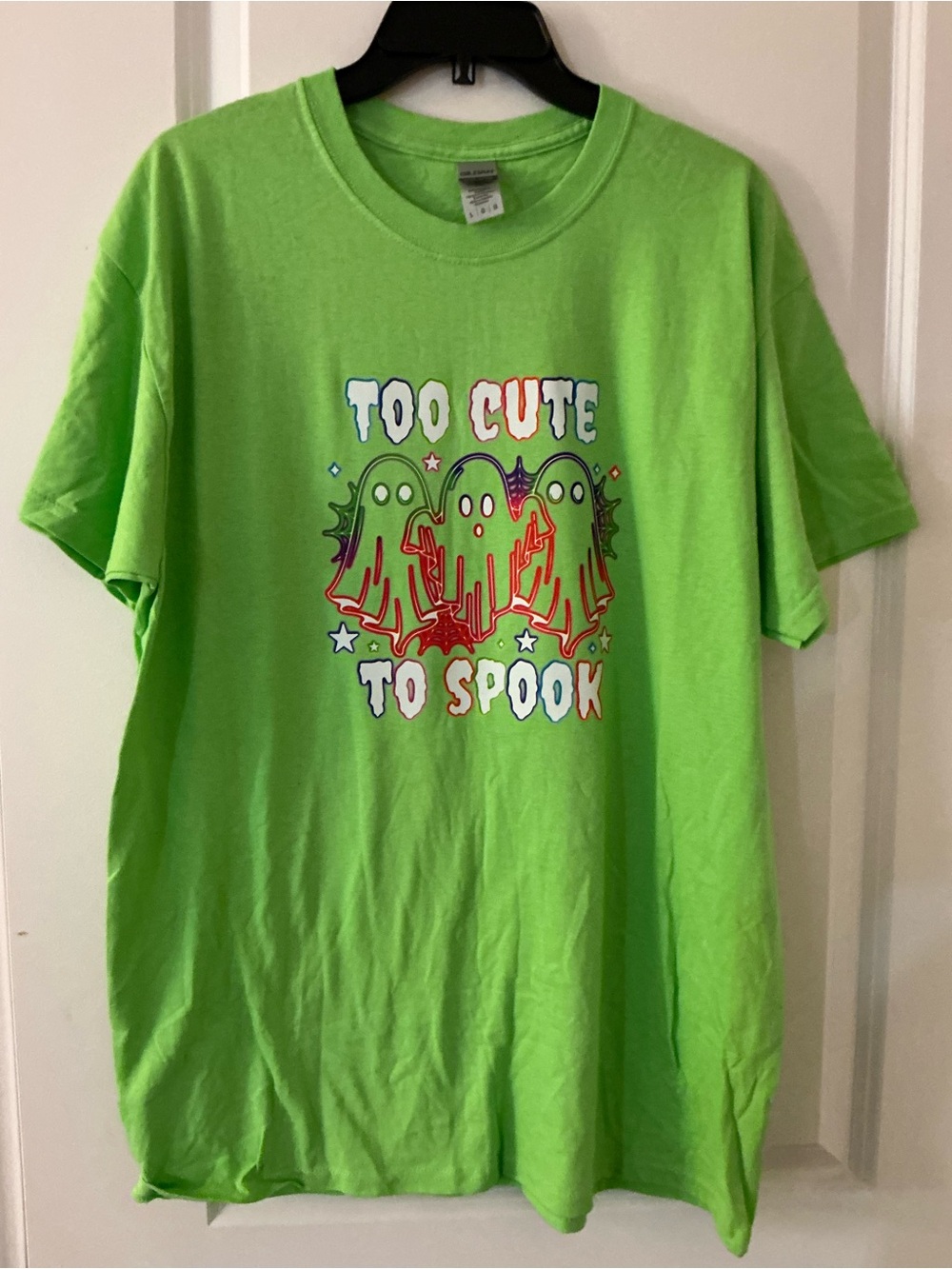 Custom Halloween Shirt Graphic Screen Print Too Cute To Spook Lime Green L